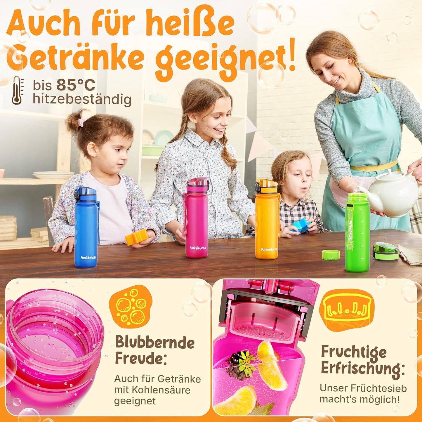 Funkelfuchs®- drinkfles voor kinderen - 500ml, roze - koolzuurhoudend - 100% lekvrij - waterfles vaatwasmachinebestendig - voor kleuterschool, schoolinschrijving, school, sport