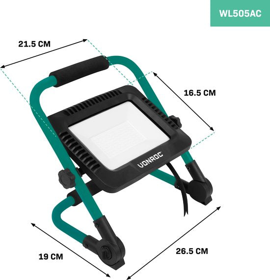 VONROC Led werklamp 50W – Opvouwbaar – Kantelbaar - Brede stralingshoek 120°