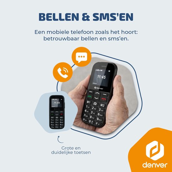 Denver Senioren Mobiele Telefoon 4G - Grote Toetsen - SOS knop - Smartphonevrij opgroeien - Oplaadstation - GSM - Bluetooth - FM Radio - Volledig NL en FR - Model 2026 - BAS18800L