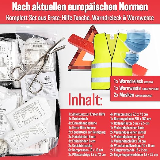 Heldenwerk 3-in-1 Auto EHBO-Set 2026 – Verbanddoos, Gevarendriehoek & Veiligheidsvest, EU-conform
