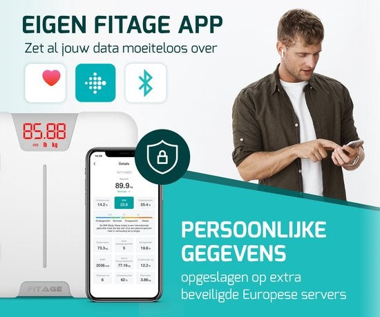 FITAGE Smart Scale met app meet 17 lichaamswaarden - Wit