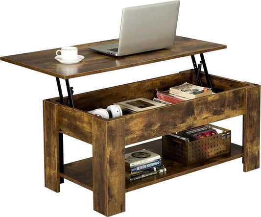 Yaheetech Salontafel Met Lift-Top Functie – Voorzien Van Verborgen Opbergvak En Metalen Mechanisme En Onderste Plank – Voor Woonkamer En Kantoor – Vintage Bruin-zwart Mdf En Metaal – 98 x 50 x 41,8-55 cm