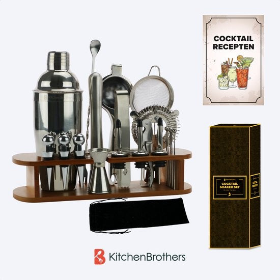 KitchenBrothers Cocktail Set met Cocktailshaker - 25 Delig - Luxe Set - Cadeauverpakking - Lichtbruin/Bamboe