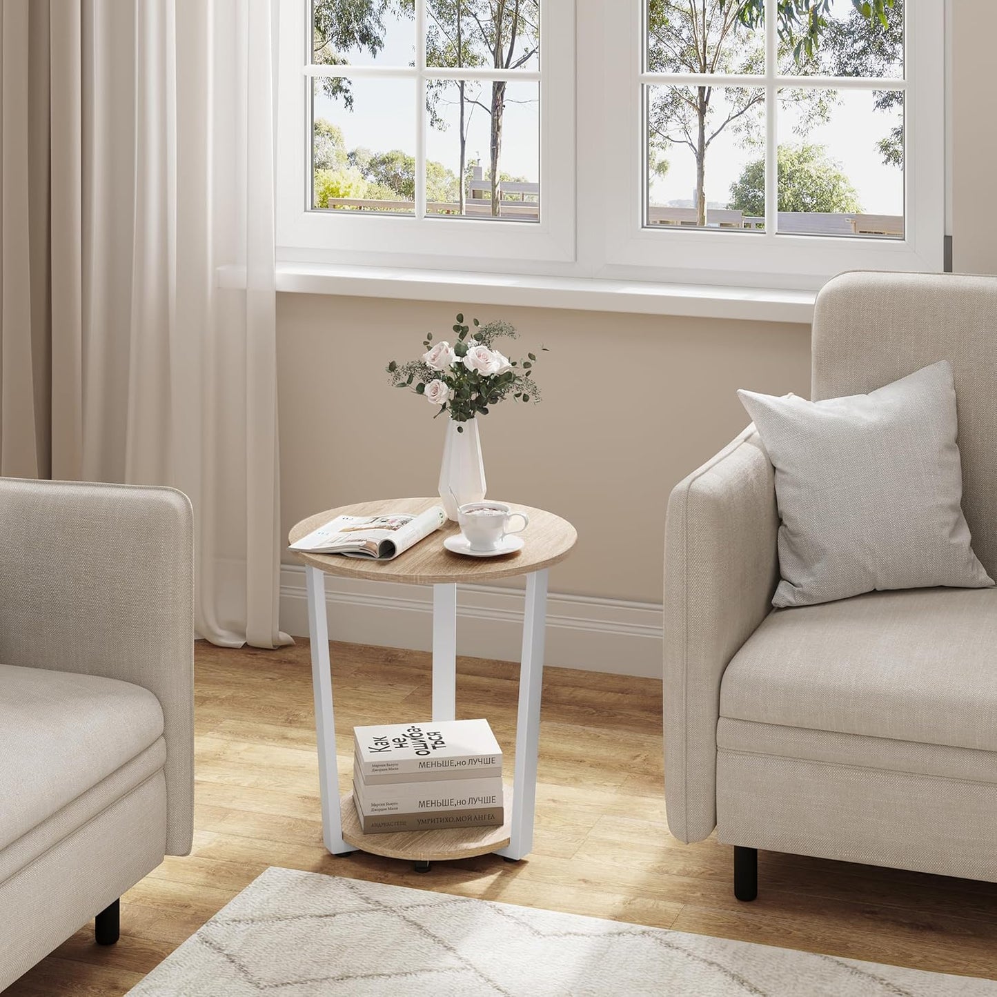 Woltu ronde salontafel - 50x50x53 cm - licht eiken – bijzettafel met 2 legplanken en opbergruimte
