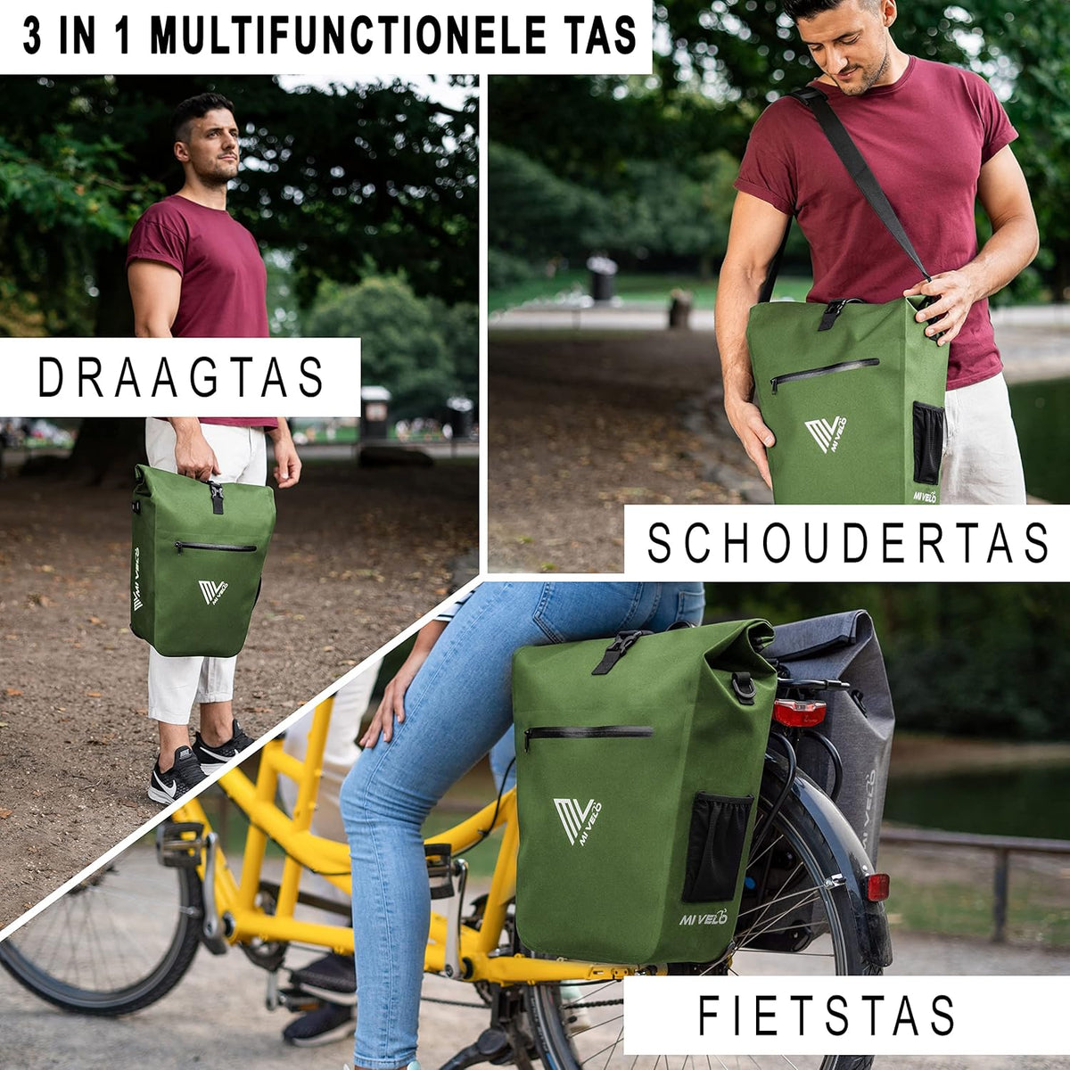 MIVELO Waterdichte Fietstas 3-in-1 – Met Laptopvak & Schouderriem – 25L – Olijfgroen