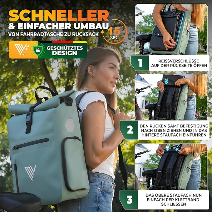 MIVELO – Fietstas – 3-in-1 Rugzak & Schoudertas – Waterdicht TPU – 25 liter – Mint