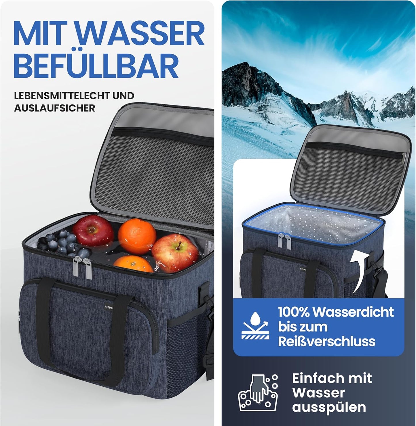 HELDENWERK Koeltas Klein & Opvouwbaar – 10 Liter Thermische Lunchtas – Geïsoleerd, Waterdicht & Lekvrij – Picknicktas, Koeltas, Brunch- en Lunchtas – Navy Blue