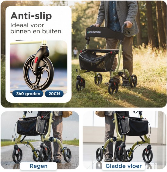 Medzone Rollator Lichtgewicht en Opvouwbaar - Zitfunctie - Binnen en Buiten - Rugleuning en Wandelstok Houder - Champagne - Goud