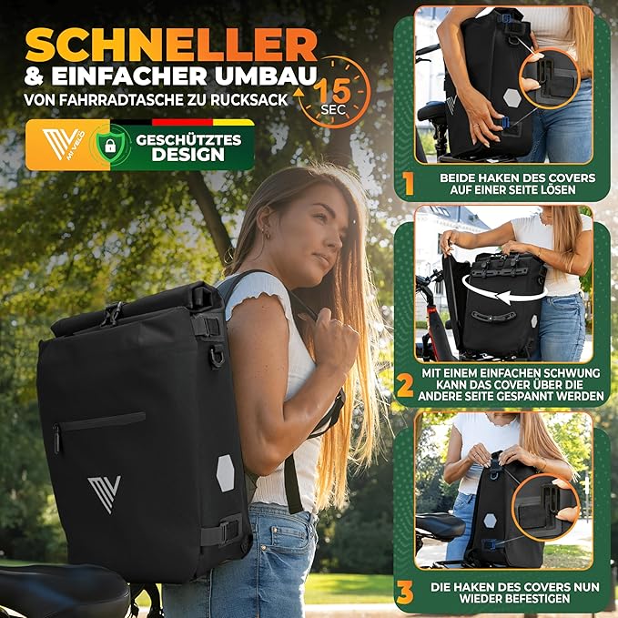 MIVELO - 3-in-1 Fietstas Rugzak - 15 liter Inhoud & 100% Waterdicht - TPU - Zwart