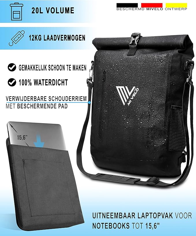 Mivelo 3 in 1 fietstas - fietsrugzak - schoudertas waterdicht 100% PVC-vrij, met laptopvak, bagagedragertas voor alle soorten fietsdragers - Zwart