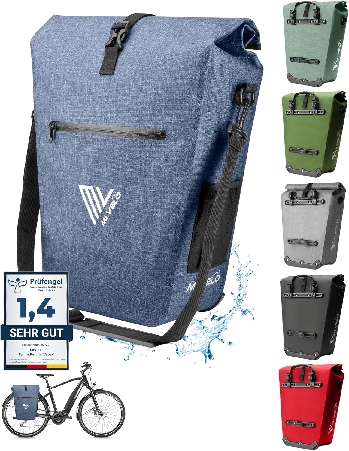 MIVELO Waterdichte Fietstas - 25L - Met Laptopvak en Schouderriem - Jeansblauw