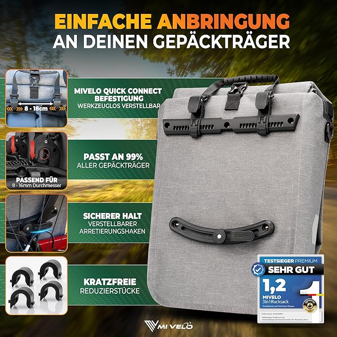 MIVELO Fietstas – 3-in-1 Rugzak & Schoudertas – Waterdicht Thermoplastisch Polyurethaan – 20 liter – Grijs