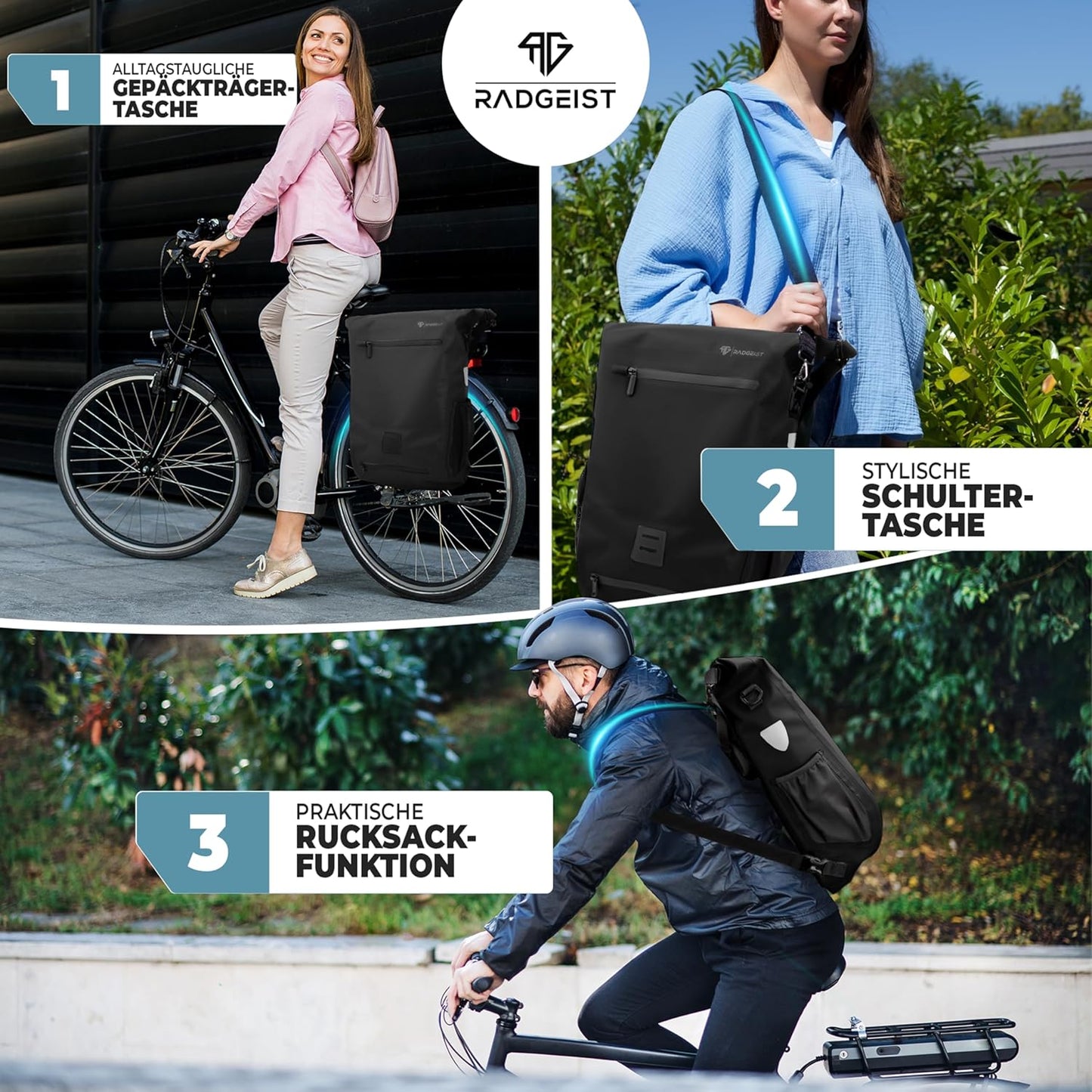 RADGEIST 3in1 fietstas voor bagagedrager I fietstas, rugzak & schoudertas 18-22L I tas voor fiets 100% waterdicht zwart