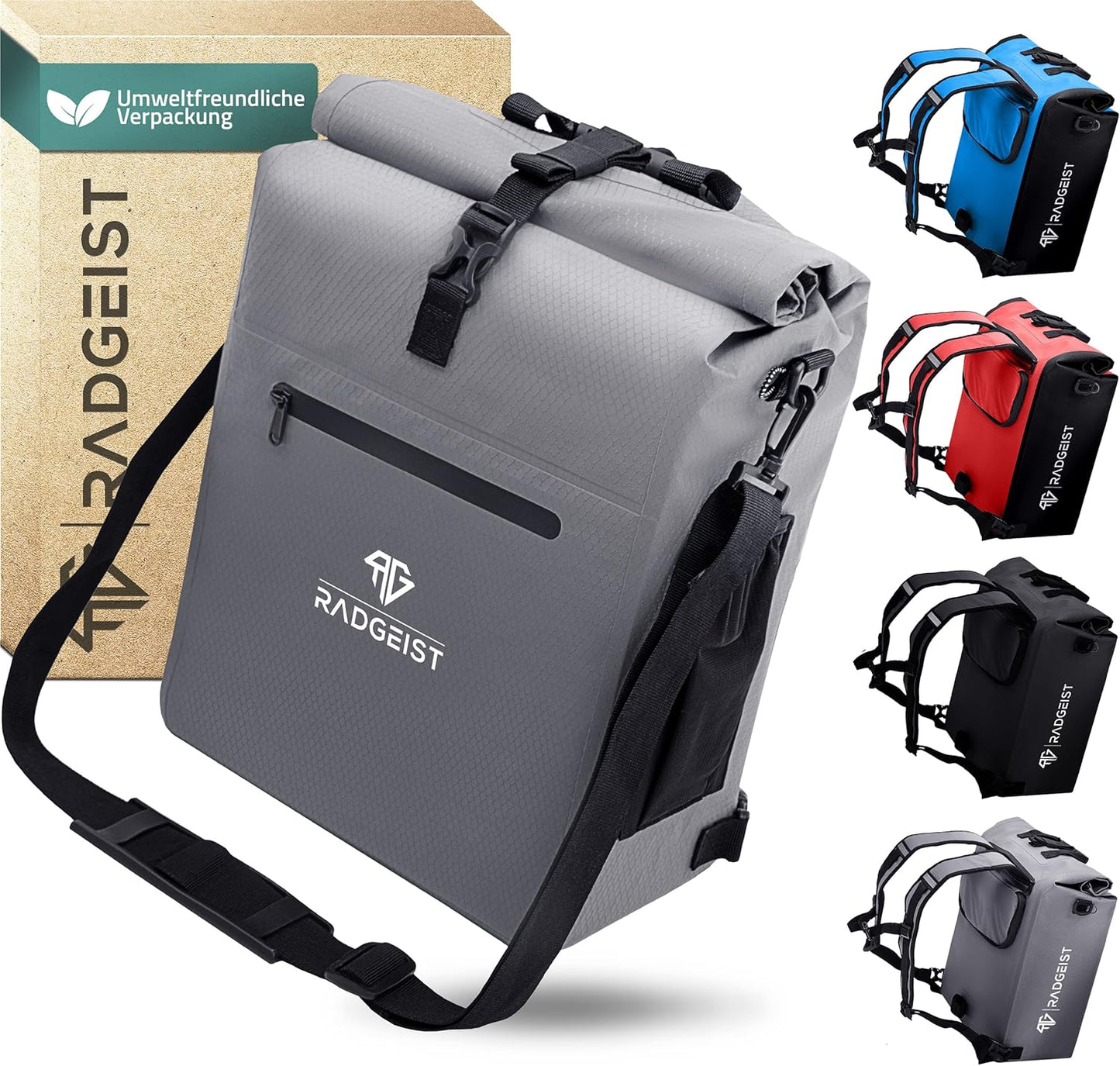 RADGEIST 3in1 fietstas voor bagagedrager - fietsrugzak - bagagedraagtas - schoudertas - met laptopvak - waterdicht - 25L - grijs