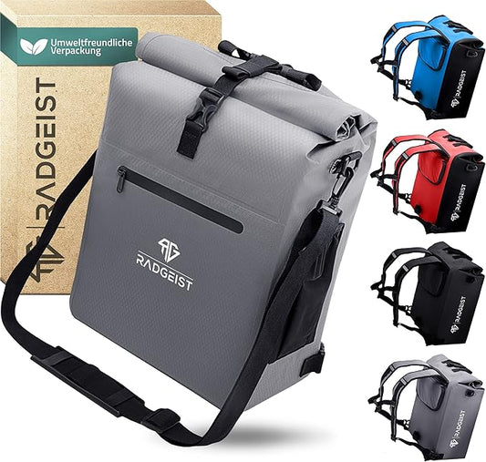 RADGEIST 3in1 fietstas voor bagagedrager - fietstas waterdicht, extra robuust met snelsluiting - fietstas rugzak (25 liter) - fietsrugzak (grijs)
