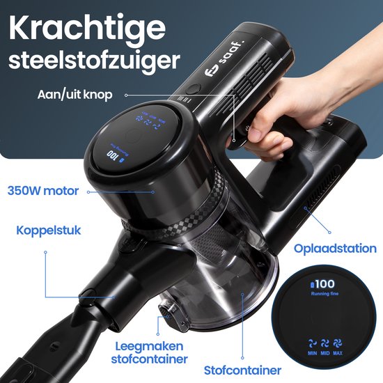 Steelstofzuiger G100 - 350W - Steelstofzuiger Draadloos - Stofzuiger Zonder Zak - 7-delige set met Buigbare Steel - 35kPa - Kruimeldief - Zwart - Saaf