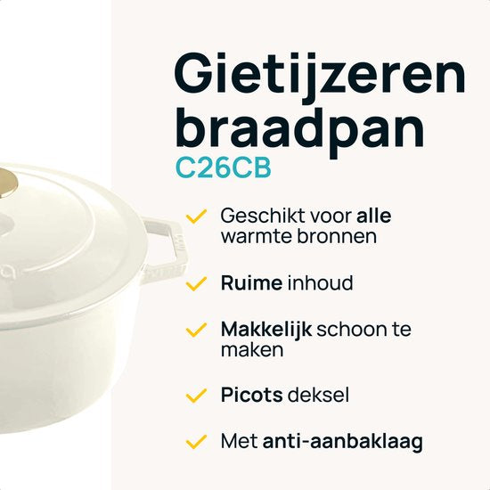 MOA Gietijzeren Braadpan - 5,7L - Voor Alle Warmtebronnen incl. Inductie - Met Deksel - Ø 26cm - Anti-Aanbaklaag - Wit