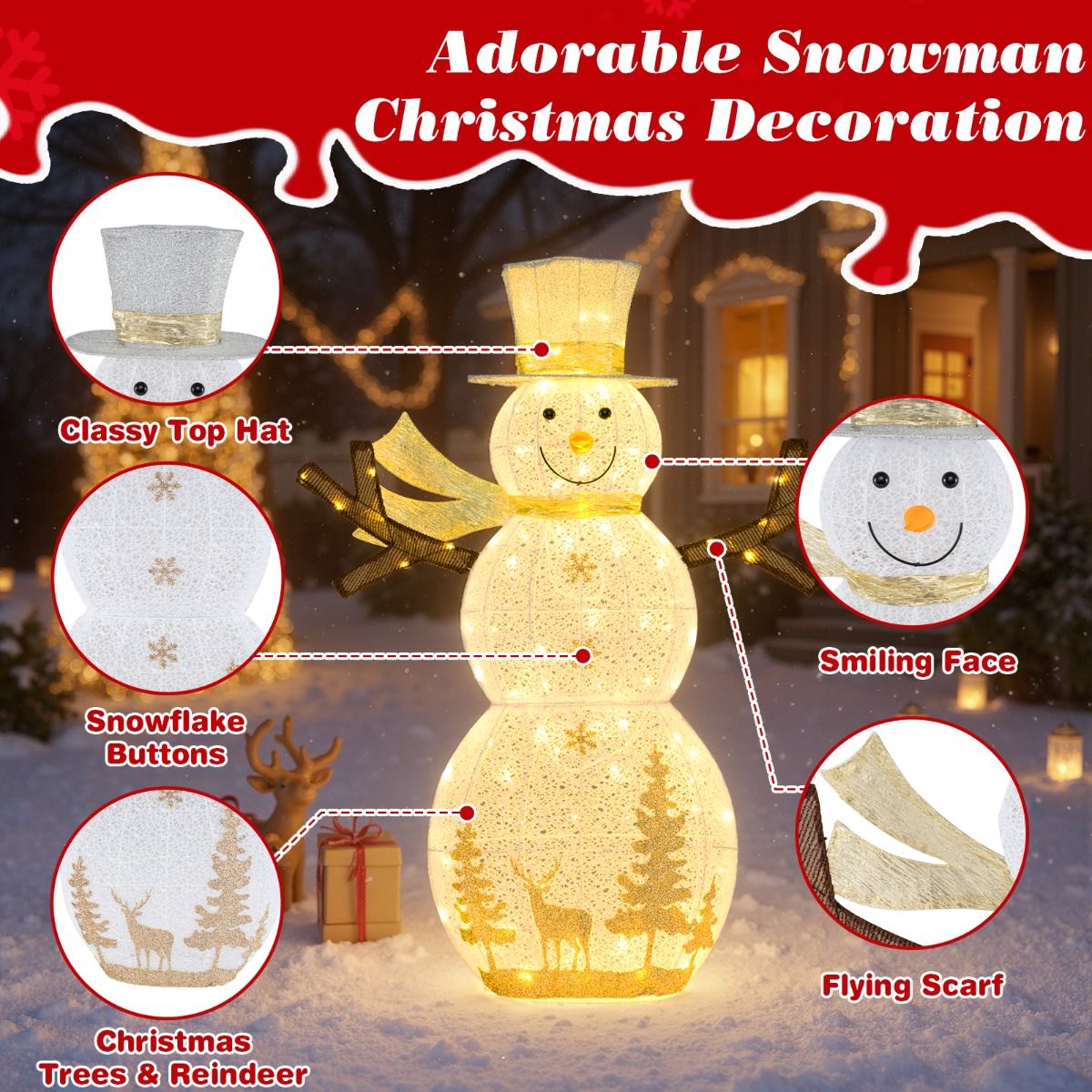 Coast LED Sneeuwman Kerstdecoratie - 100 warmwitte LED-lampen - 141 cm hoog - met hoed en sjaal - wit