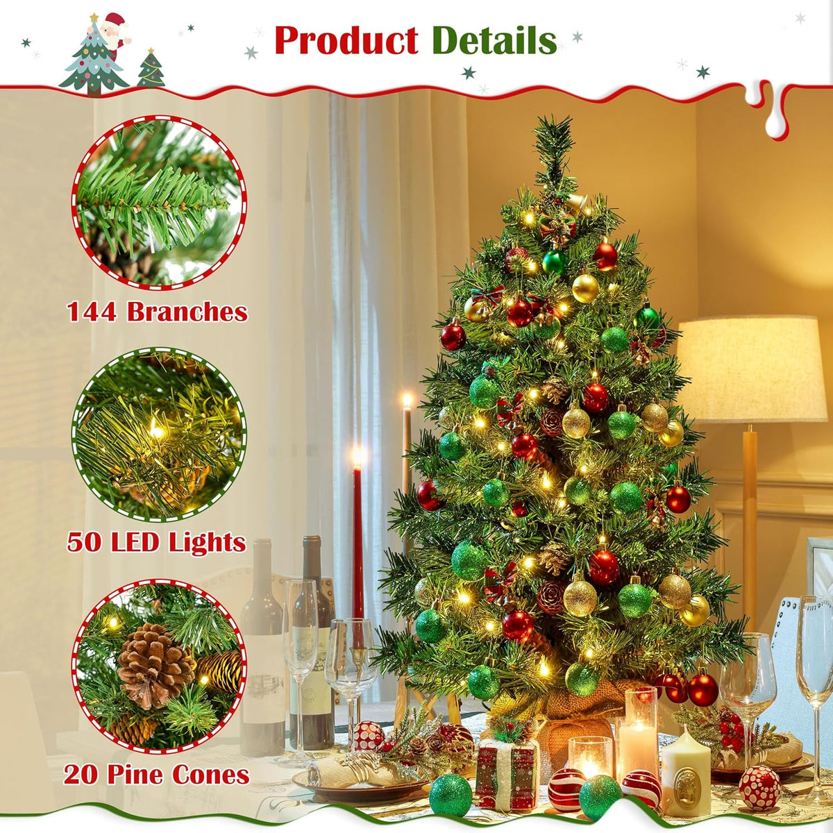 Yaheetech Kunstkerstboom - Set van 2 - 91,5 cm - 50 Warmwitte LED's - Dennenappels - Groen