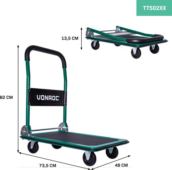 VONROC - TT502XX Plateauwagen – Opvouwbaar – max. 150kg - 73x47x82 cm - Groen