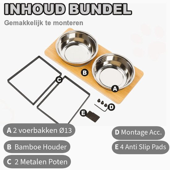 Ceruzo Dubbele Voerbak - Kleine Honden - RVS - Bamboe-Metaal Standaard -33x15x12.5 cm