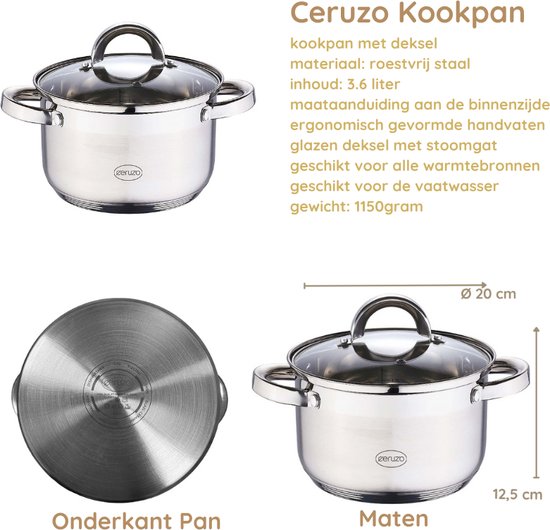 Ceruzo Kookpan - RVS - Ø 20 cm - H 12.5 cm - 3.6 L - alle Warmtebronnen