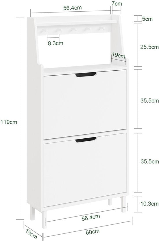 SoBuy Schoenenkast, extra plat 19 cm - opslag tot maat 47 - met haken en open rek voor kleine woning, hal, entree - wit, 60 x 19 x 119 cm, FSR221-W