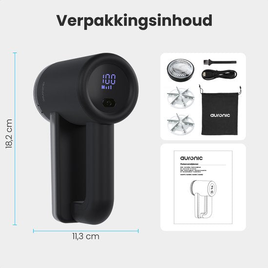 Auronic Elektrische Pluizenverwijderaar Pro - Pluizentondeuse - Oplaadbaar - LED display - 3 Standen - Ontpluizer - Zwart