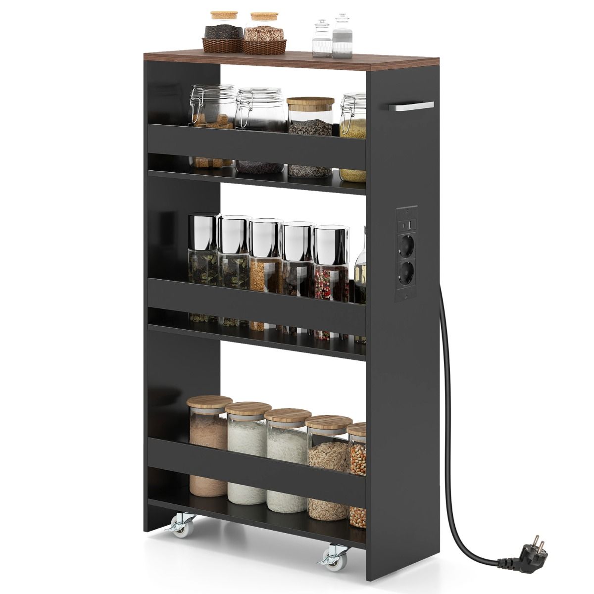 Coast Keukentrolley met Oplaadstation - 4-laags - Smal en verrijdbaar - Zwart, Naturel/Wit, Bruin Rustiek/Zwart, Bruin Rustiek/Grijs, Naturel