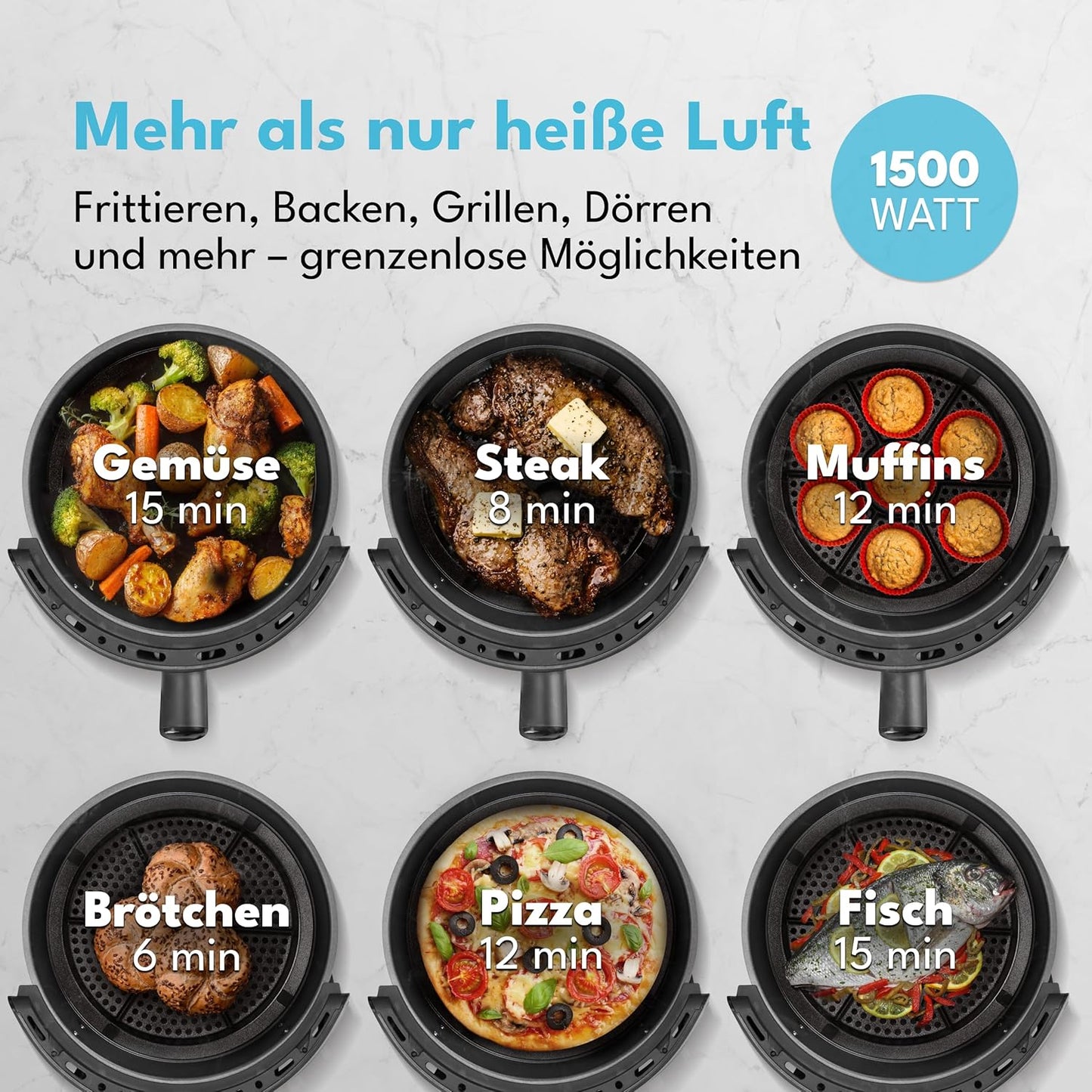 LEBENLANG Airfryer 5L & 1500W - 8 Programma's - Inclusief receptenboek - 45 x 30 x 27 cm - Zwart