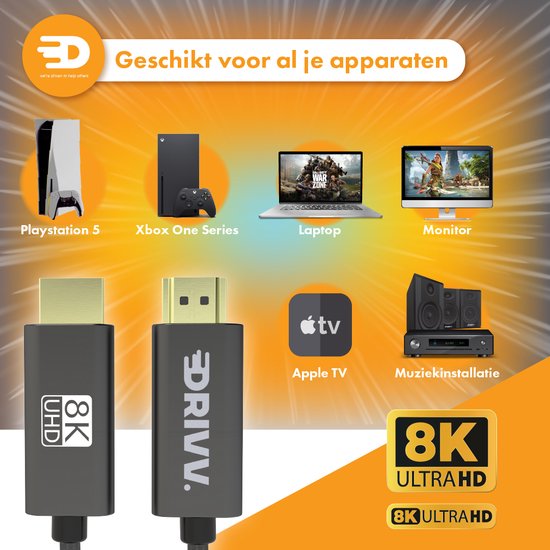 HDMI Kabel 2.1 - Ultra HD High Speed - HDMI naar HDMI - Geschikt voor Xbox Series X & PS5 - 2 meter - Nylon - Grijs