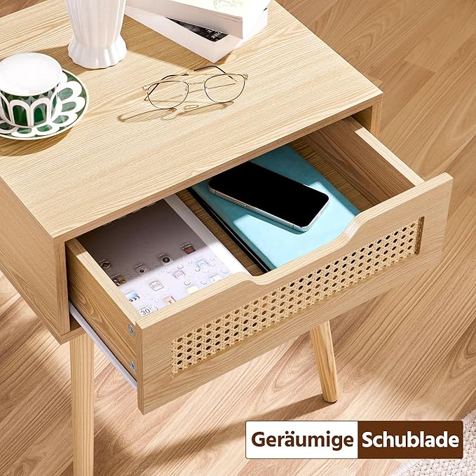 Yaheetech Nachtkastje met Rotan Lade – Lichtbruin – 48,5 x 41 x 57,5 cm – Houten Poten