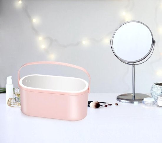 Touch Of Beauty Make Up Organizer met LED Spiegel - Reis Beautycase - 24,1 x 10,4 x 11,7CM - Verstelbaar LED-Licht - Incl. USB-Oplaadkabel - Kunststof - Roze