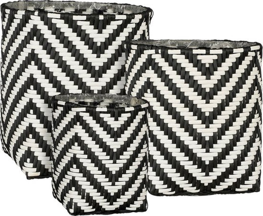 Mica Decorations Merlijn Plantenmand voor Buiten - Set van 3 - H26 x Ø24 cm - Gerecycled Plastic - Zwart, Wit
