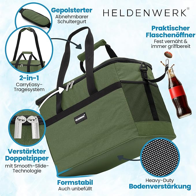 HELDENWERK Grote Opvouwbare Koeltas – Koelbox met tot wel 12 uur koelvermogen, lekvrij en waterdicht – Thermische tas, picknicktas, lunchtas, geïsoleerde tas met 7 compartimenten – versterkte bodem - Olijf groen