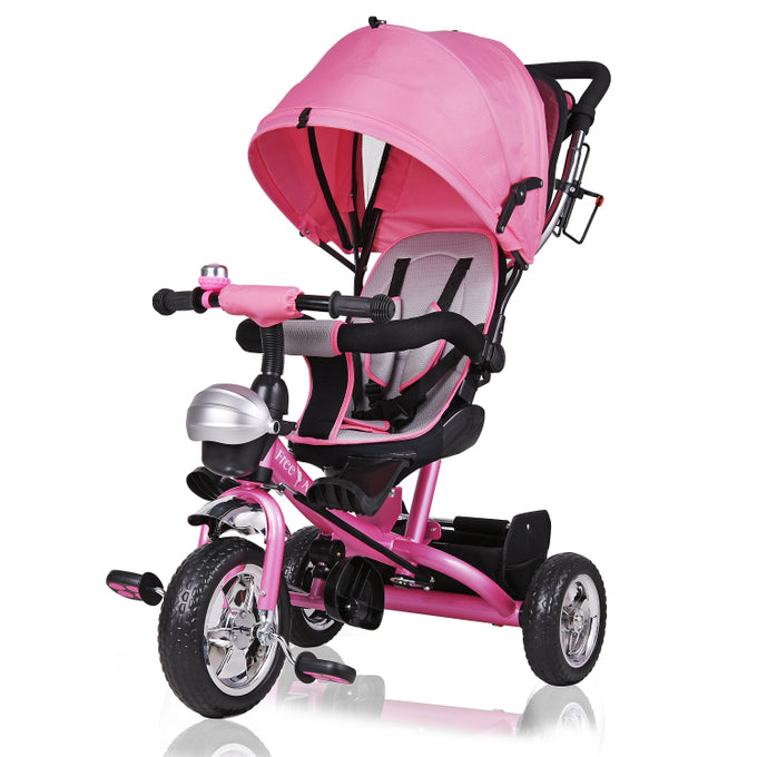Kinderfiets/driewieler - Roze - Duwstang - klapdak - opklapbare voetsteun - incl. mandje
