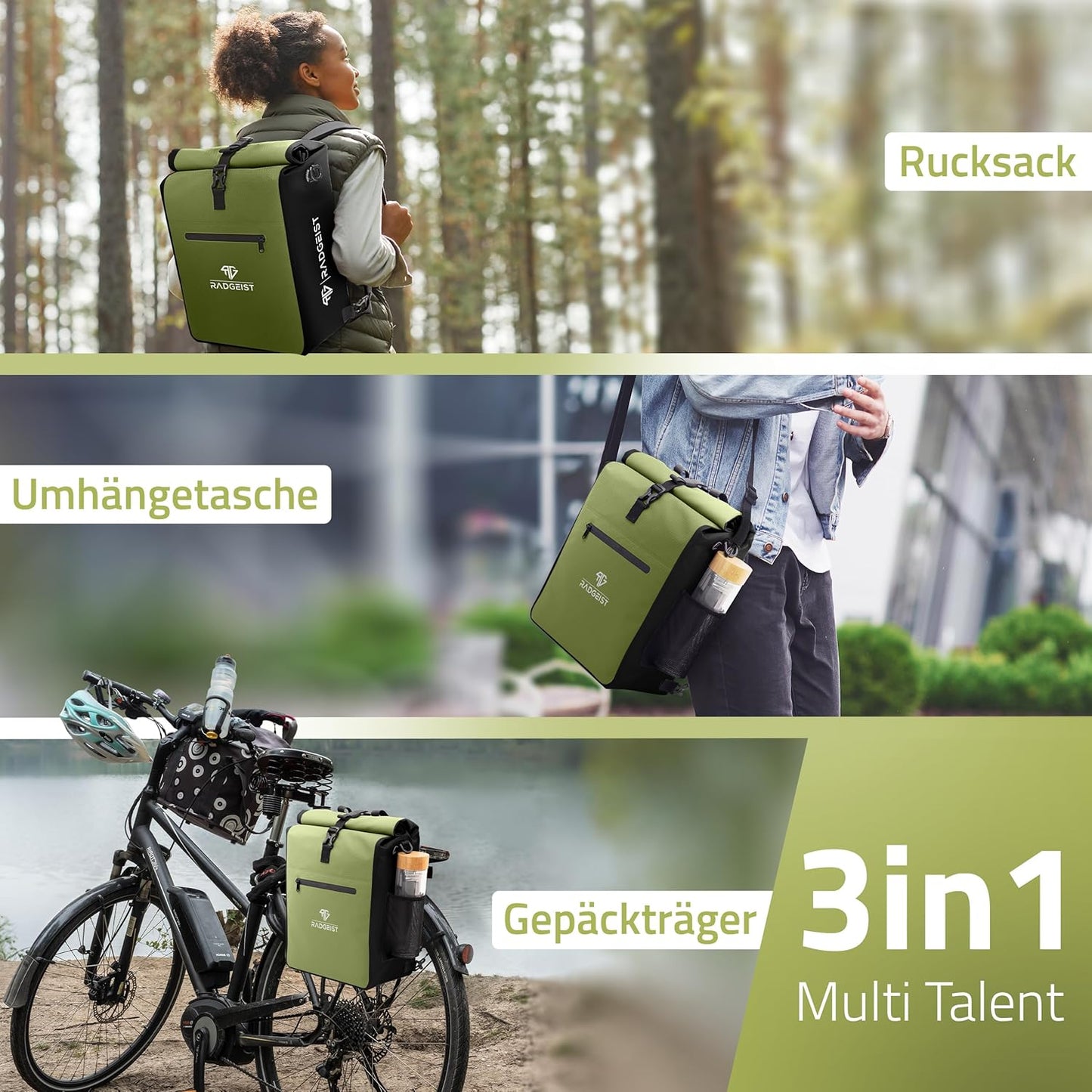 RADGEIST 3in1 fietstas voor bagagedrager I fietstas en rugzak 25L I 100% waterdicht