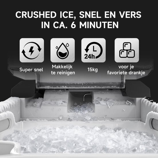 Bardi 1.1L - Nugget Ice Machine Square - Crushed Ice Maker met IJslepel - 15kg/24 uur - IJsblokjesmaker - Met Luxe Thermosbeker - Zwart