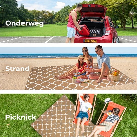 LifeGoods Buitenkleed - 152x230CM - Vloerkleed - Tuintapijt - Buitentapijt - Omkeerbaar - Incl. Draagtas - Met Patroon - Beige/Wit