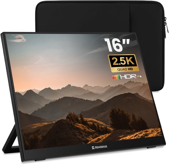 Remodius® Portable Monitor 16 Inch + Sleeve – Ultradunne 2.5K Draagbare Monitor – Reisdisplaybundel met Beschermhoes – USB-C & Mini HDMI – IPS Scherm, HDR, Ingebouwde Kickstand