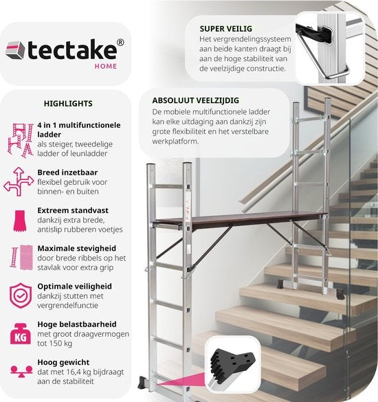 TecTake 3-in-1 Multifunctionele Ladder & Steiger - Verstelbaar – 150 kg Draagvermogen – Max. Hoogte 275 cm –Zilver