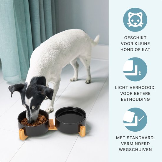 Voerbak Hond - Voerbak Kat - Drinkbak - Met Standaard - 2x 400 ml - Maat S - Zwart
