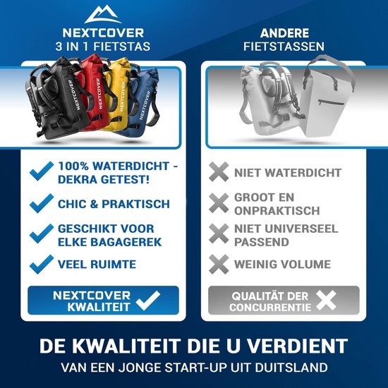 NEXTCOVER® NIEUW 3-in-1 fietstas voor bagagedrager [Aquashield] - Reflecterend bagagedragertas waterdicht - rugzak en schoudertas [25 liter]- Rood