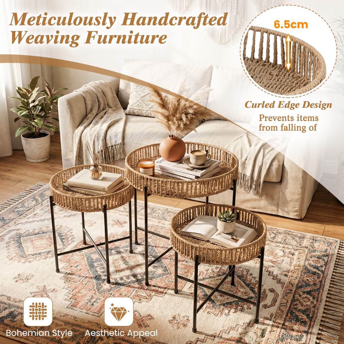 Coast Bijzettafelset rond - handgevlochten boho vlechtwerk - metalen poten - naturel - set van 3