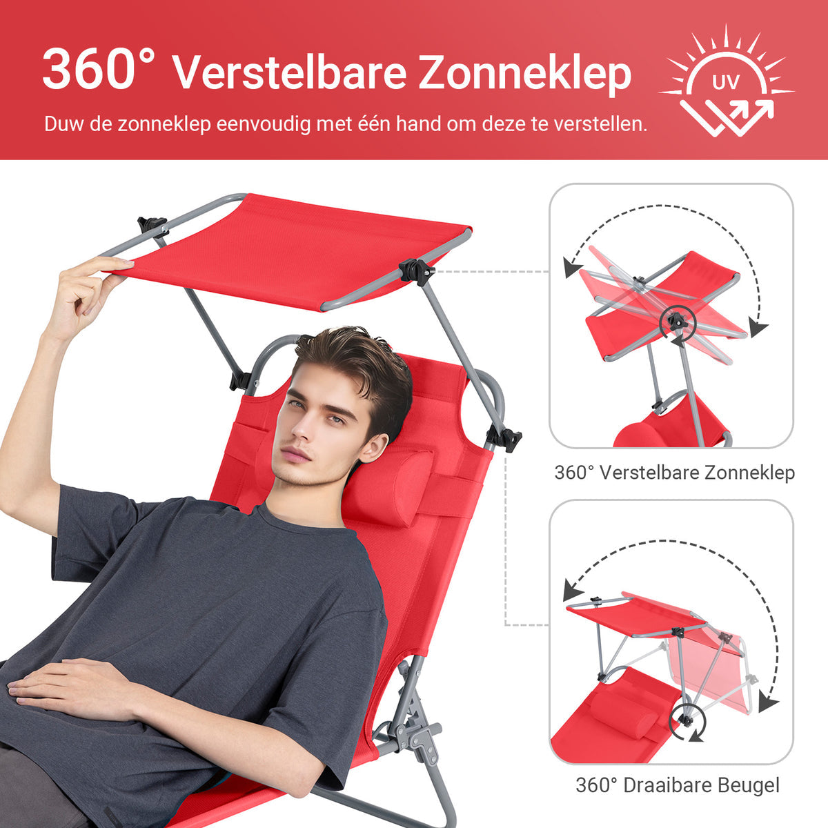 SoBuy Ligstoel Rood – Opvouwbare Tuinligstoel met Verstelbare Luifel en 4 Ligposities – 86 x 40 cm Ingeklapt