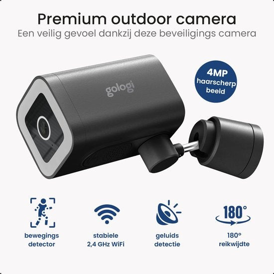 Gologi Premium Outdoorcamera - Buitencamera met Nachtzicht - Beveiligingscamera - Security Camera - 4MP - IP Camera - Geluid en Bewegingsdetectie - Met Kabel - Met Wifi en App - Zwart