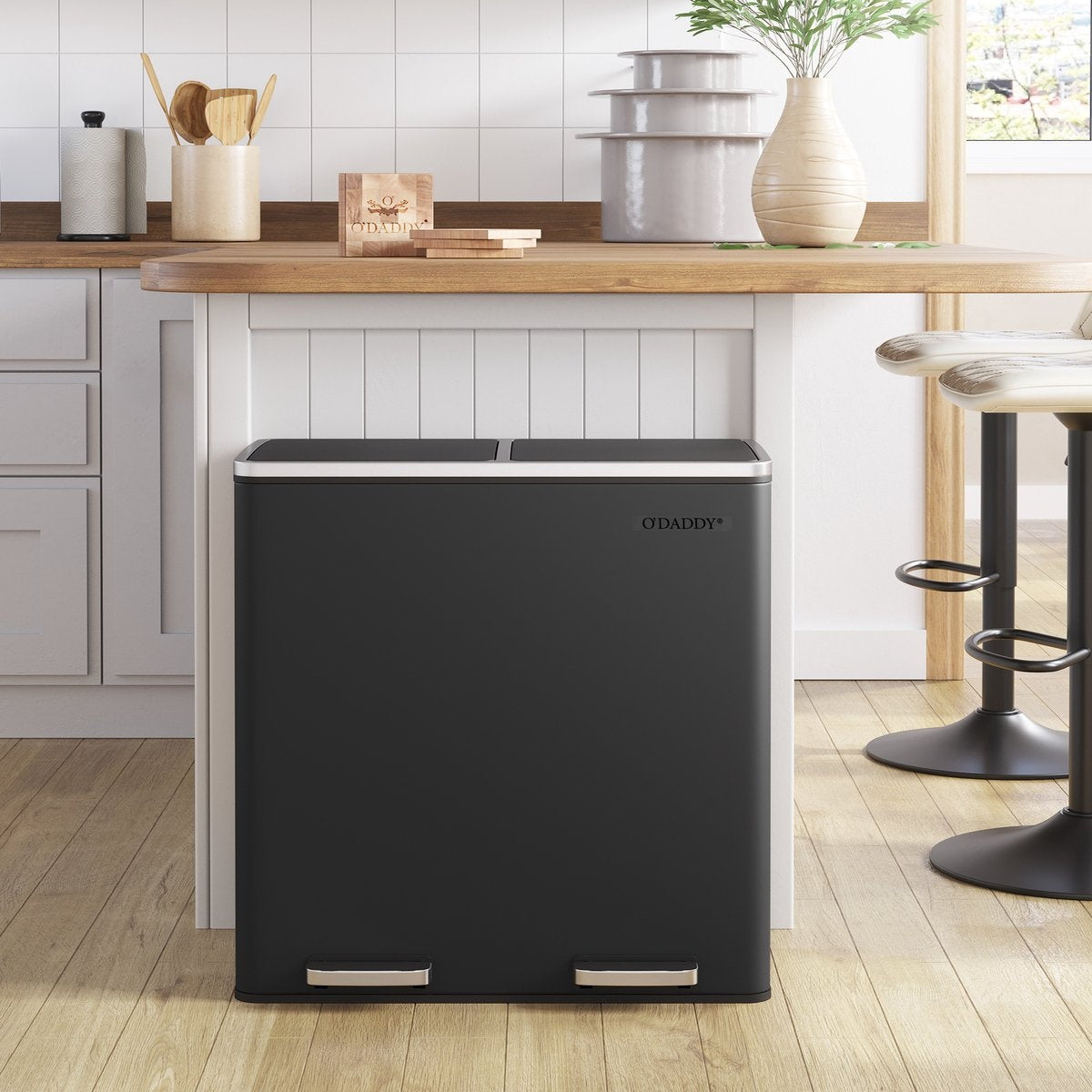 O'DADDY® Prullenbak - Afvalemmer – Duo Bin – 60L – Soft-close – 58,6 x 32 x 65 cm – 2 Binnenemmers – Inclusief 15 Afvalzakken – Elegant Zwart