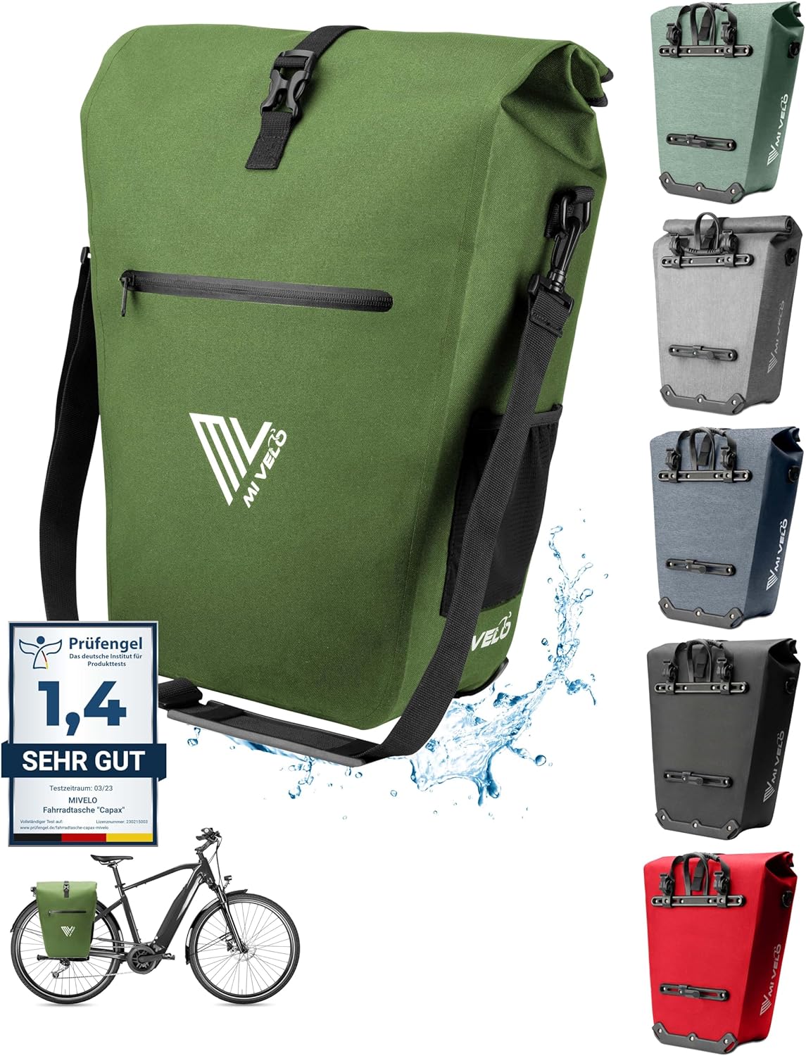MIVELO Waterdichte Fietstas 3-in-1 – Met Laptopvak & Schouderriem – 25L – Olijfgroen