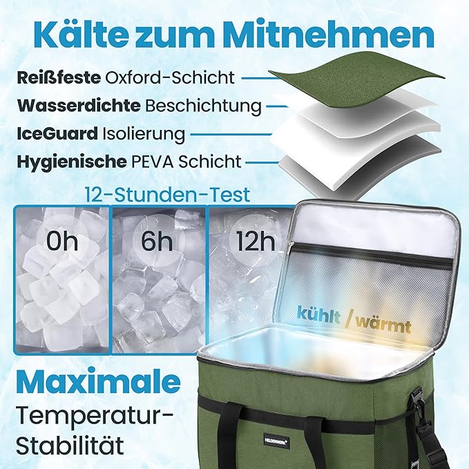 HELDENWERK Grote Opvouwbare Koeltas – Koelbox met tot wel 12 uur koelvermogen, lekvrij en waterdicht – Thermische tas, picknicktas, lunchtas, geïsoleerde tas met 7 compartimenten – versterkte bodem - Olijf groen