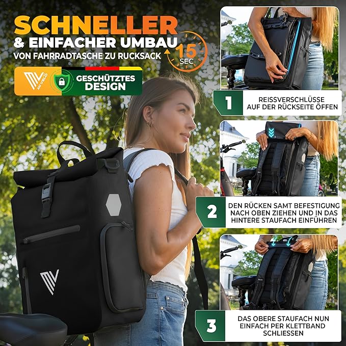 MIVELO – 3-in-1 Rugzak & Schoudertas – Waterdicht – 25 liter – Zwart